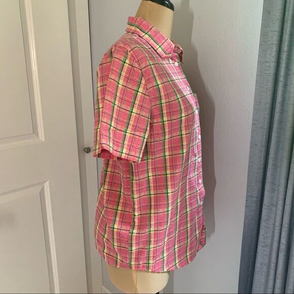 Karen Scott Sport Plaid Short Sleeve Button Down Light Multi-Colored Top - Picture 2 of 5